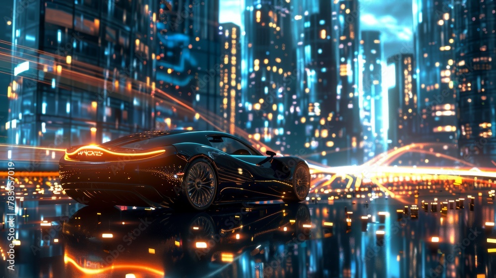 A 3d render of a supercar cruising through a digital cityscape   AI generated illustration