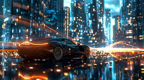 A 3d render of a supercar cruising through a digital cityscape AI generated illustration