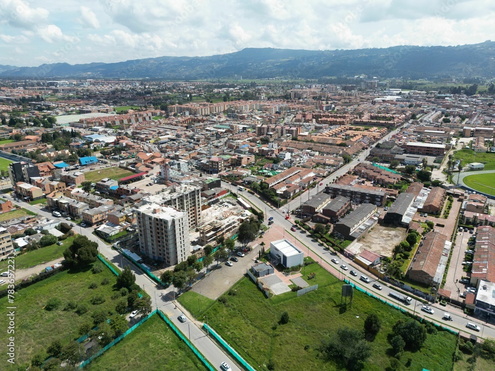 Aerial shot of the urban town of Chia in Cundinamarca, Colombia