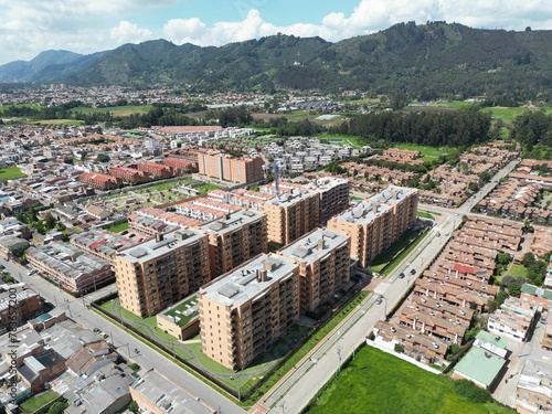 Aerial shot of apartment building complex at an urban landscape in Chia, Cundinamarca, Colombia photo