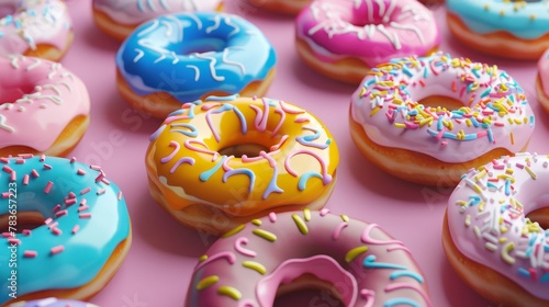 A cluster of D-rendered donuts with colorful icing AI generated illustration