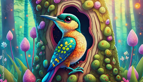oil painting style cartoon character Multicolored A woodpecker drills a hole in a tree