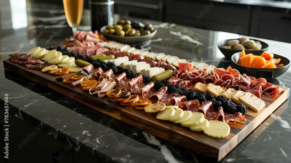 Use a combination of warm and cool tones to highlight the intricate details of a flying charcuterie board AI generated illustration Use a combination of warm and cool tones to highlight the intricate details of a flying charcuterie board AI generated illustration