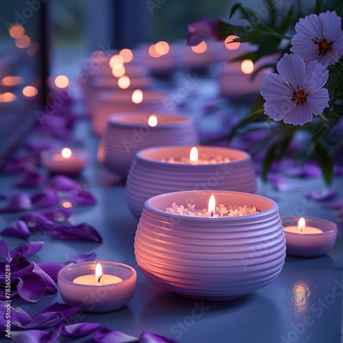 a group of candles with a purple background and a purple flower on the table with petals on the floor