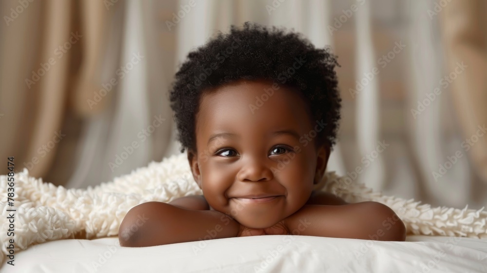 Photo funny baby smiling and lying on a white bedding at home Photo funny baby smiling and lying on a white bedding at home