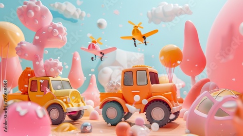 Whimsical toy vehicles in a magical forest 3d style isolated flying objects memphis style 3d render AI generated illustration