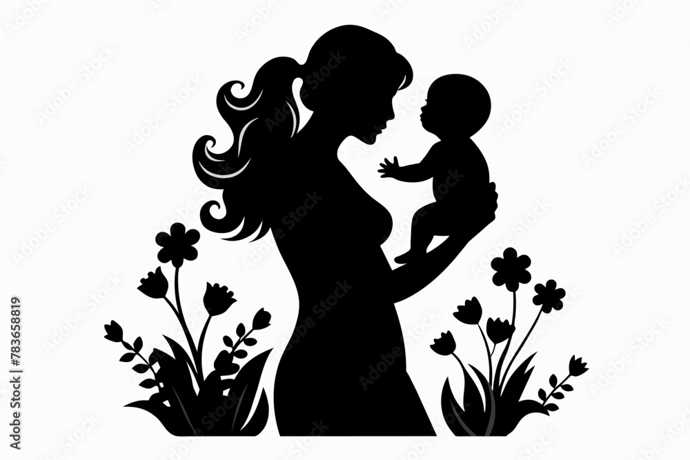 Mother holding baby silhouette, aware of Mother's Day, Mom Day, mom Love, mother with flowers, white background
Mother holding baby silhouette, aware of Mother's Day, Mom Day, mom Love, mother with flowers, white background