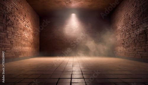 Sleek Urban Retreat  Empty Room with Brick Walls  Concrete Floor  Neon Light  Spotlight  and Wisps of Smoke