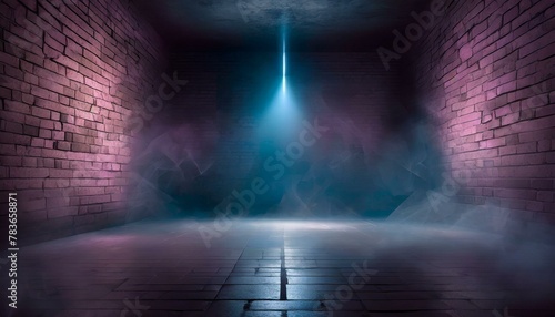 Neon Dreamscape: Brick Wall Background with Concrete Floor, Illuminated by Spotlight and Neon Light amidst Smoke
