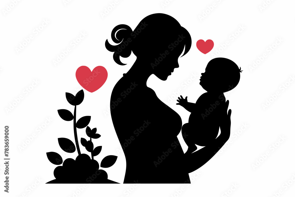 Mother holding baby silhouette, aware of Mother's Day, Mom Day, mom Love, mother with flowers, white background
Mother holding baby silhouette, aware of Mother's Day, Mom Day, mom Love, mother with flowers, white background