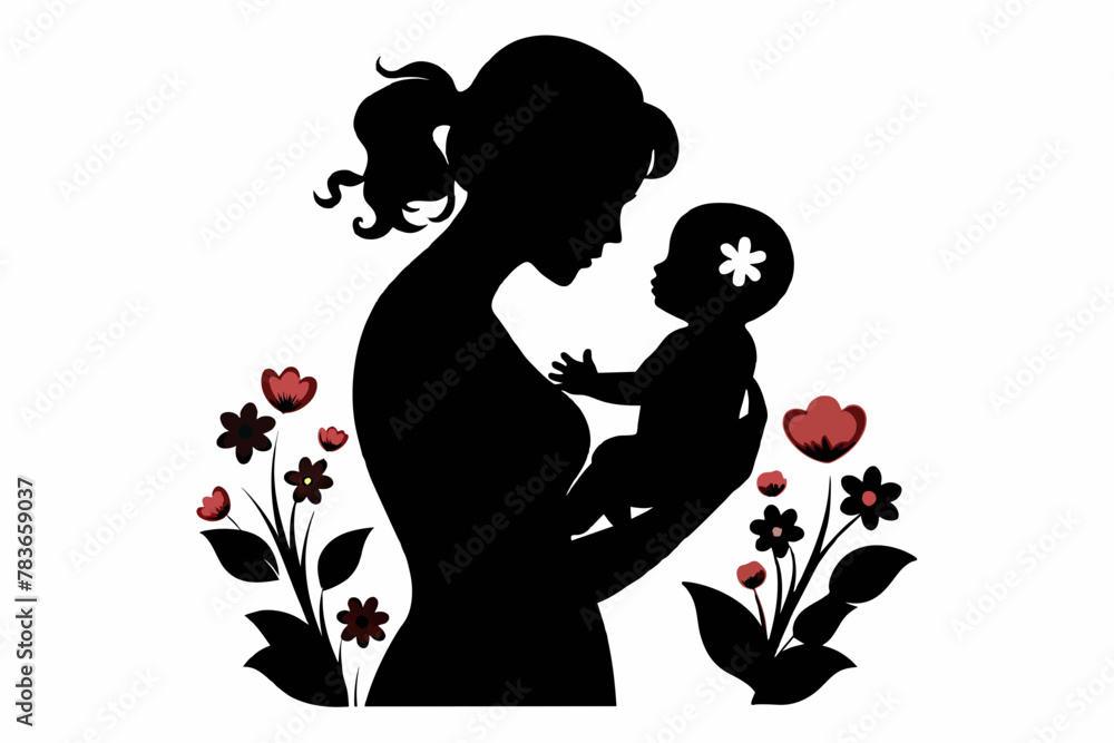 Mother holding baby silhouette, aware of Mother's Day, Mom Day, mom Love, mother with flowers, white background
Mother holding baby silhouette, aware of Mother's Day, Mom Day, mom Love, mother with flowers, white background
