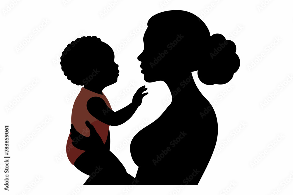 Mother holding baby silhouette, aware of Mother's Day, Mom Day, mom Love, mother with flowers, white background
