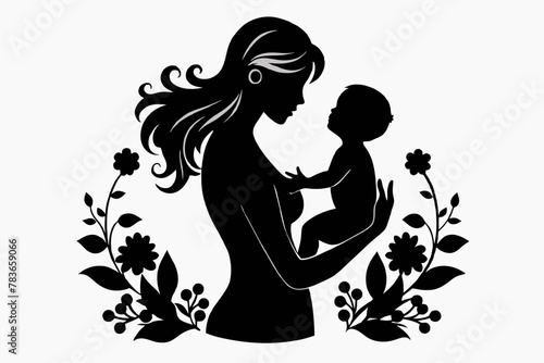 Mother holding baby silhouette  aware of Mother s Day  Mom Day  mom Love  mother with flowers  white background 