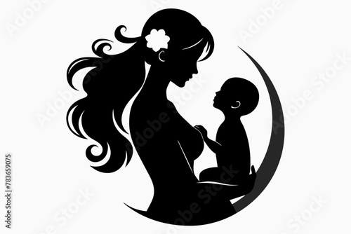 Mother holding baby silhouette, aware of Mother's Day, Mom Day, mom Love, mother with flowers, white background
