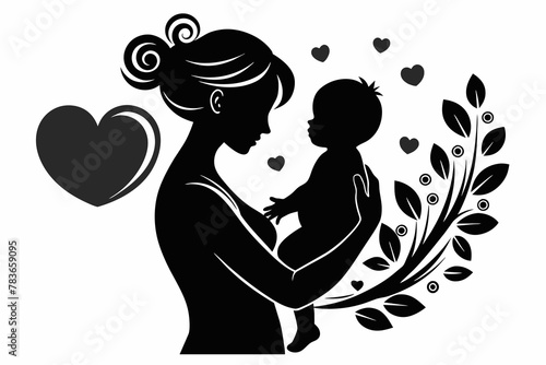 Mother holding baby silhouette, aware of Mother's Day, Mom Day, mom Love, mother with flowers, white background
