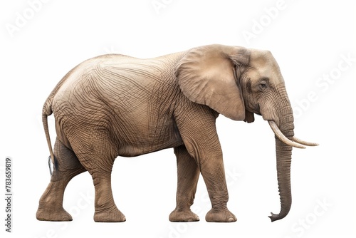 Side profile of an African elephant against a white background, highlighting details and texture of skin.