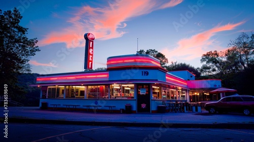 A roadside diner where travelers share stories over milkshakes and burgers, the neon sign flickering in the twilight.