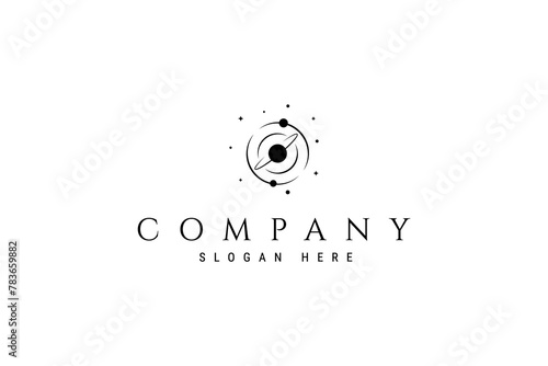 Vector logo of abstract image of solar system with planets rotating around the sun.
