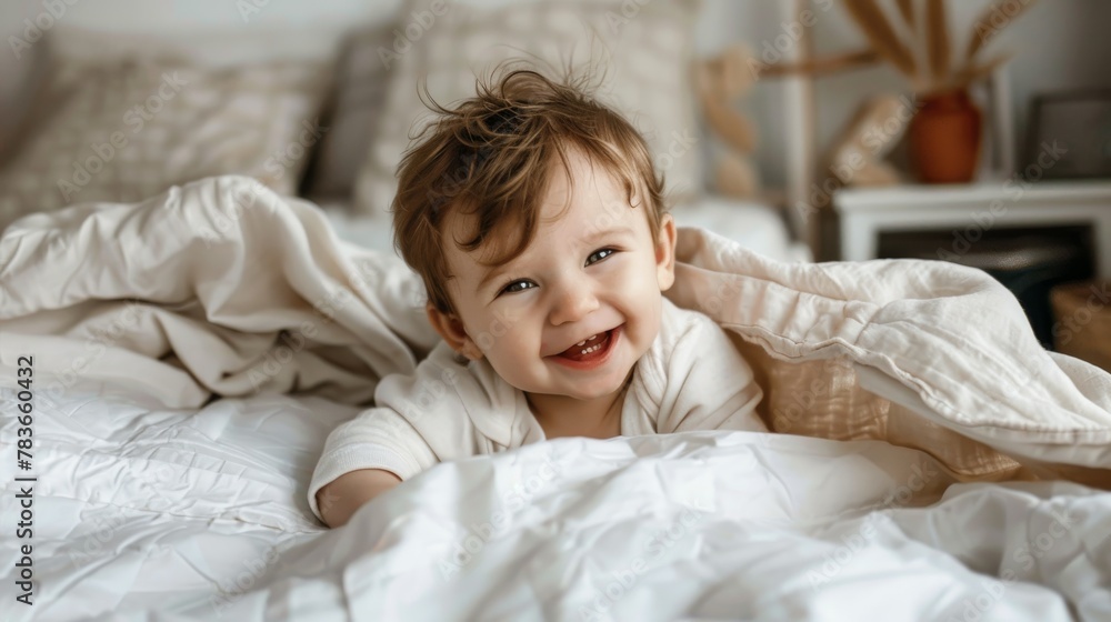 Photo funny baby smiling and lying on a white bedding at home Photo funny baby smiling and lying on a white bedding at home
