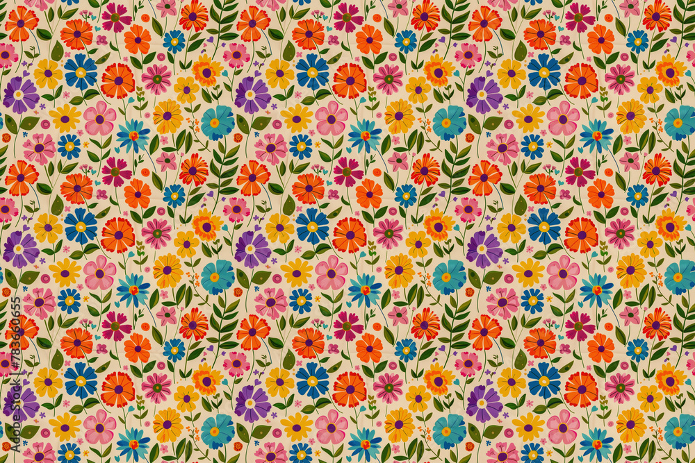 Colorful floral seamless pattern with a variety of flowers on cream background