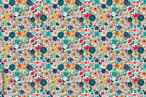 Colorful and dense floral seamless pattern on cream background