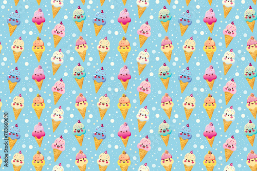 Cute seamless pattern of assorted ice creams with faces on blue dotted background