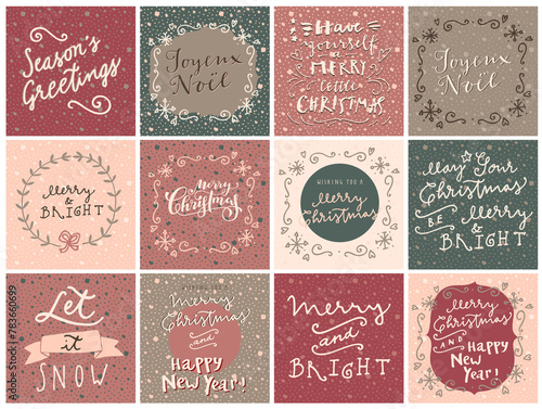 Set of Merry Christmas and Happy New Year hand drawn greeting cards