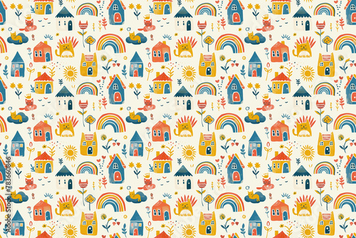 Charming houses and nature elements seamless pattern on a sunny background