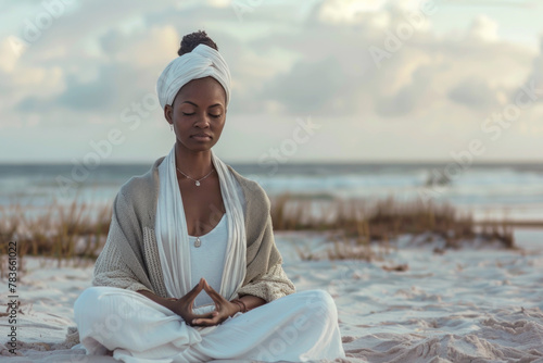 Beautiful young black woman sitting on the beach mediating