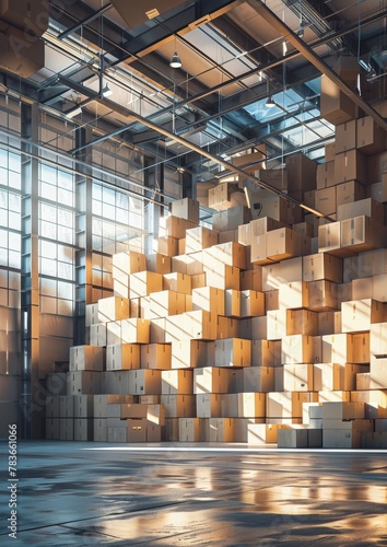 Cardboard boxes stacked on top of each other on a shelf  warehouse with packages that are ready for delivery.