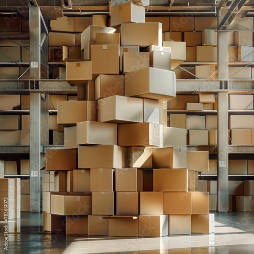 Cardboard boxes stacked on top of each other on a shelf  warehouse with packages that are ready for delivery.