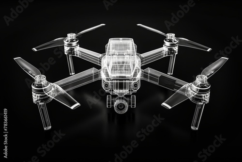 X-ray like visualization of a drone showcasing internal design and structure on a dark backdrop.