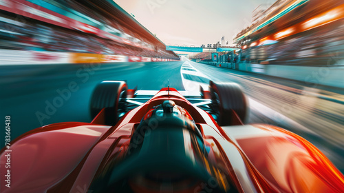 Grand Prix racing car, motion blur, race track  Stadium background: concept Adrenaline Rush, risk-taking, personal achievement. photo