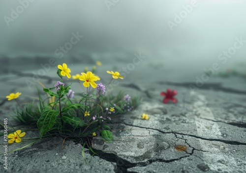 A whole bunch of little yellow flowers grew out of the asphalt. Broken concrete road with a big crack in the center with a foggy background © Denis