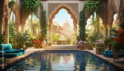 A beautiful  ornate pool area with a large fountain and a couch