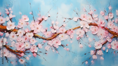 Spring summer cherries flower background banner panorama - Abstract oil acrylic painting of blooming cherry, leaves, branch on canvas (7)