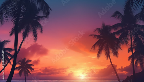 A beautiful sunset over the ocean with palm trees in the background