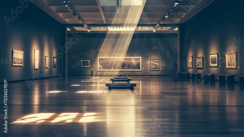 Empty art gallery background, paintings rays of light reflections: contemporary arts, moody atmospheric backdrop