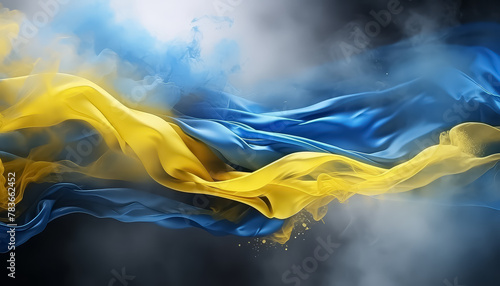 A flag with blue and yellow stripes is shown in a blurry, hazy atmosphere photo