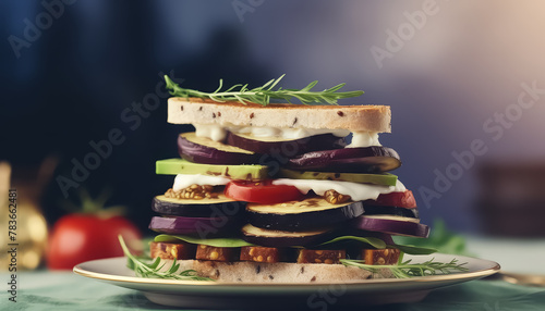 A sandwich with lots of vegetables on a plate