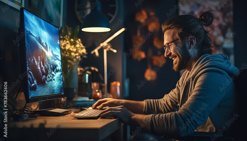 A man is sitting in front of two computer monitors, smiling and looking happy