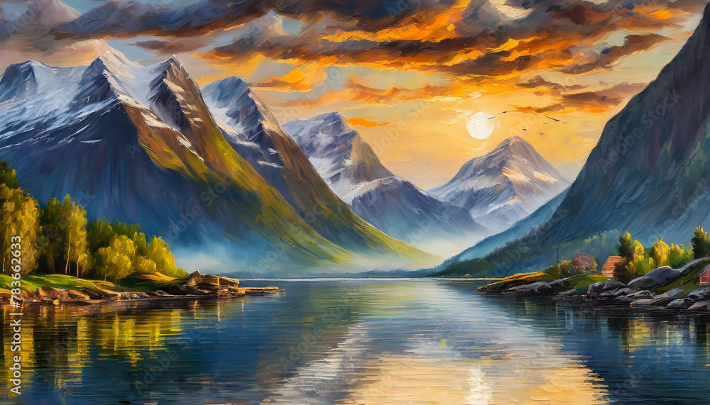 Obraz premium Oil painting on canvas of beautiful fjord landscape with mountains and green nature. Hand drawn art.