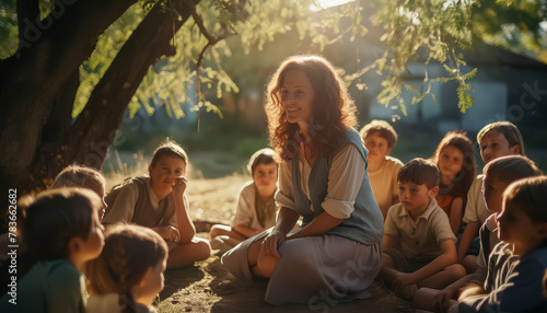 A woman sits on the ground with a group of children