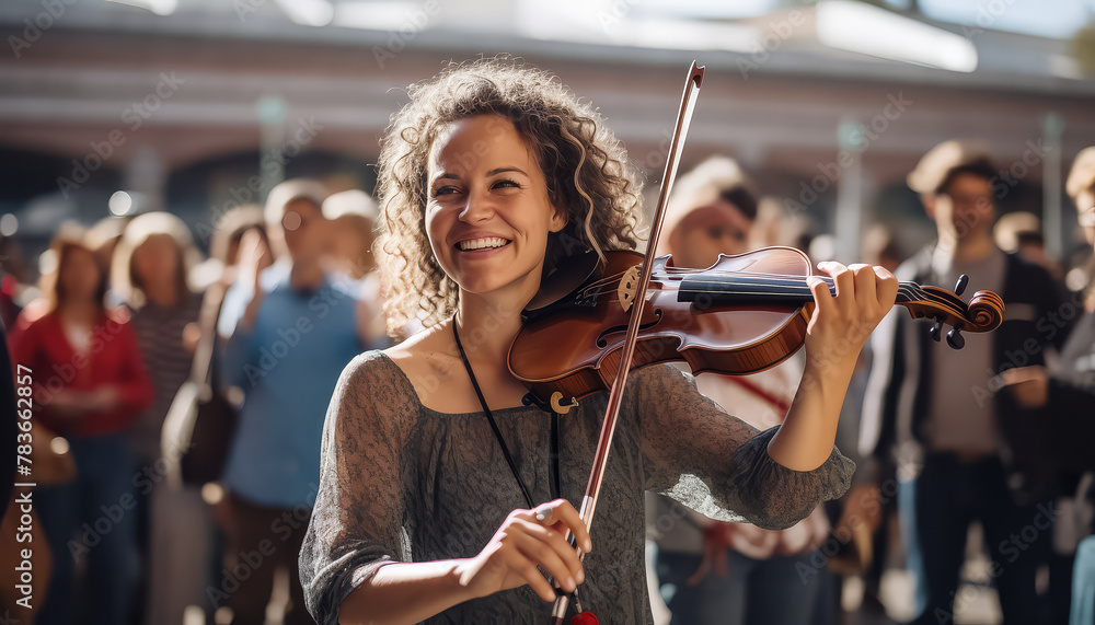 A woman is smiling and holding a violin