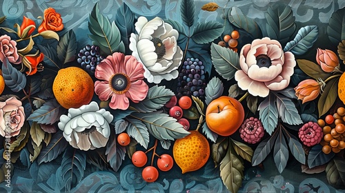 A highly detailed painting of various flowers and fruits. photo