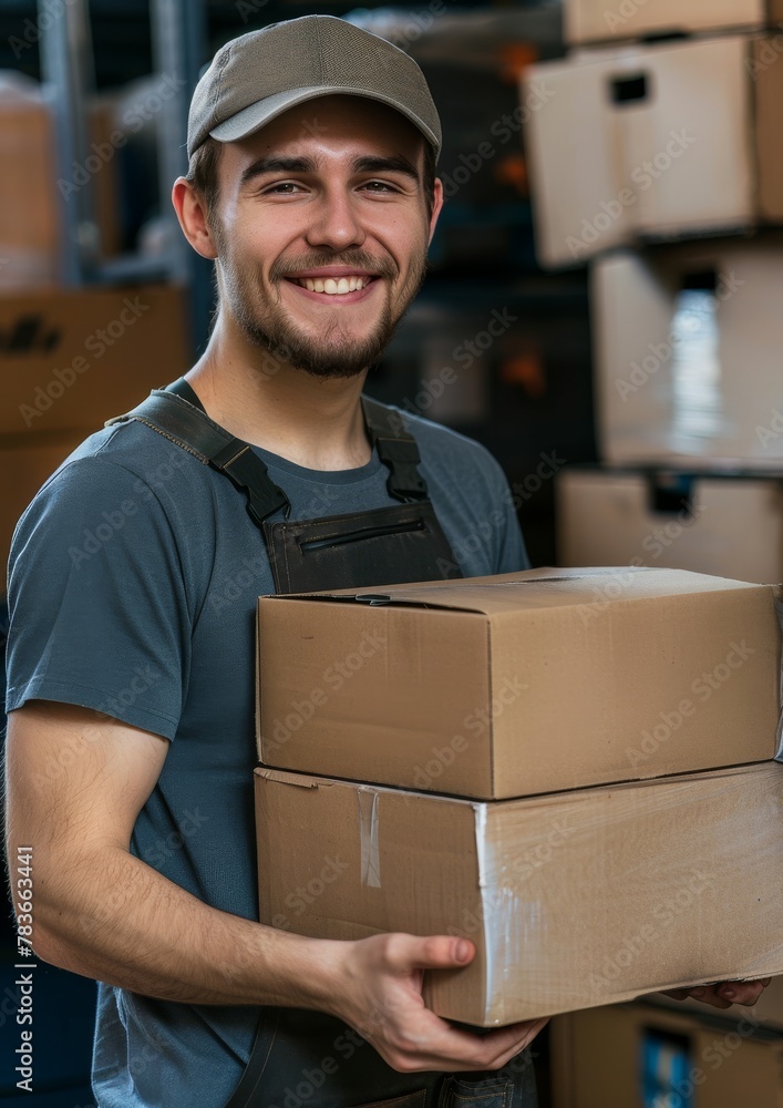 A smiling warehouse worker is standing in a warehouse and holding a cardboard box in his hands. A smiling warehouse worker is standing in a warehouse and holding a cardboard box in his hands.