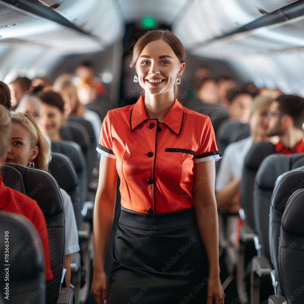 A beautiful young smiling flight attendant is standing in the aisle of the plane. A beautiful young smiling flight attendant is standing in the aisle of the plane.