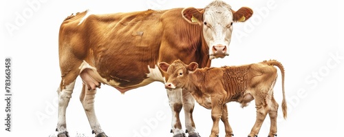 An adult cow and her young calf on a white background.