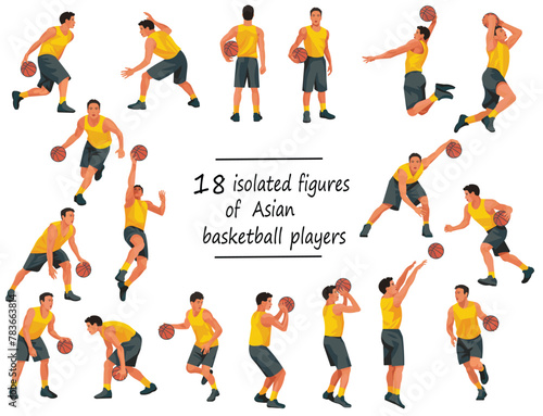 18 Asian basketball players in yellow shirts standing with the ball, running, jumping, throwing, shooting, passing the ball