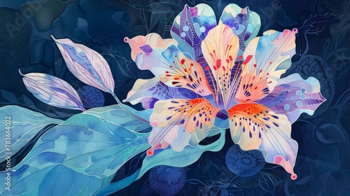 A watercolor painting of a flower with a blue background. photo